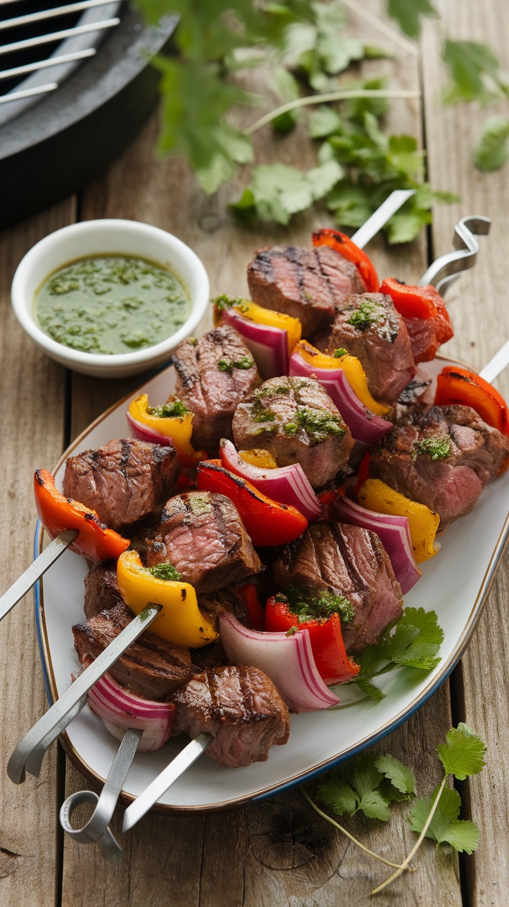 Grilled steak skewers with bell peppers and onions, served with chimichurri sauce on a rustic table.